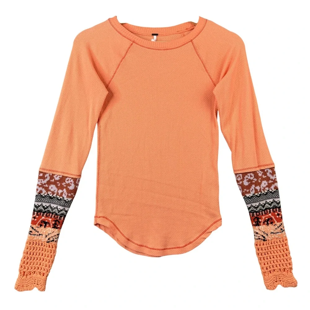 Free People Tee In The Mix Cuff Crochet Thermal Desert Orange Size XS OB1203408